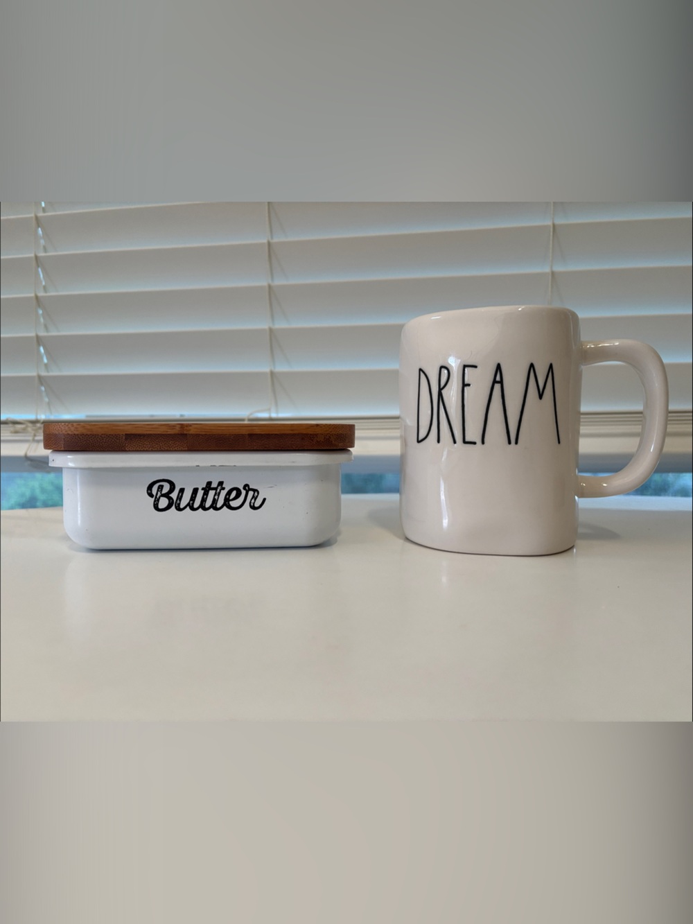 Rae Dunn White 'DREAM' Mug & White Butter Dish with Wood Lid